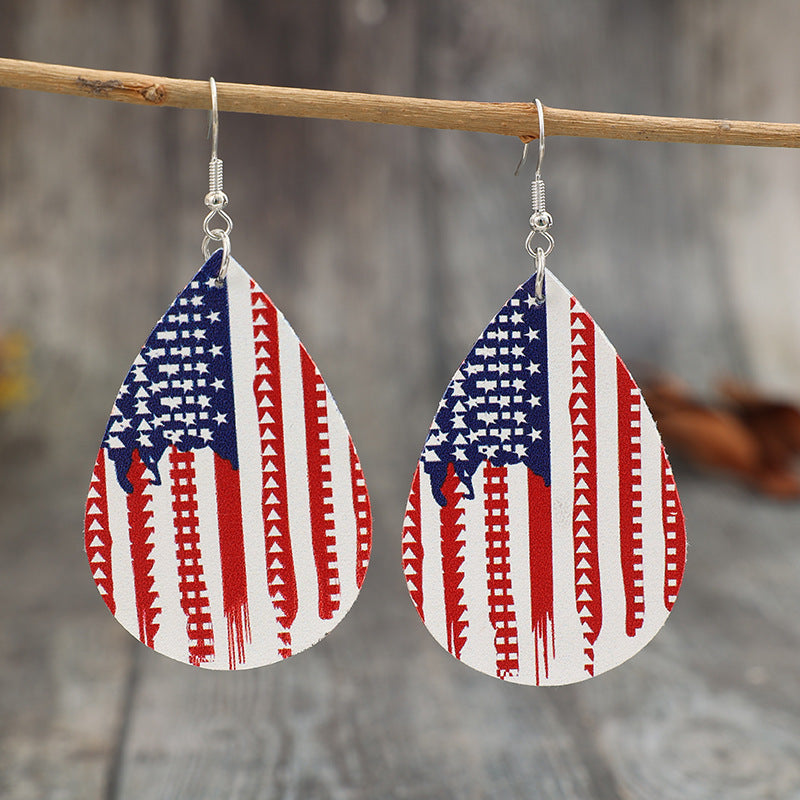 PU Leather US Flag Teardrop Shape Earrings - T -