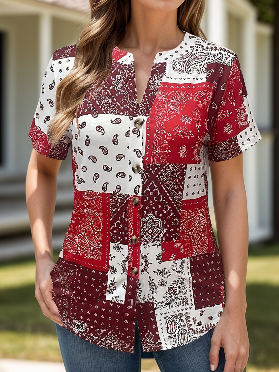 Printed Notched Short Sleeve Blouse - T - 4 COLORS -