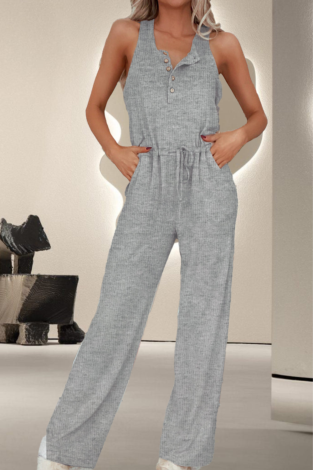 Drawstring Quarter Button Wide Strap Jumpsuit - T - 1 COLOR -