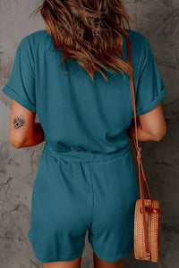 Thumbnail for Full Size Drawstring V-Neck Short Sleeve Romper - T - 7 COLORS -