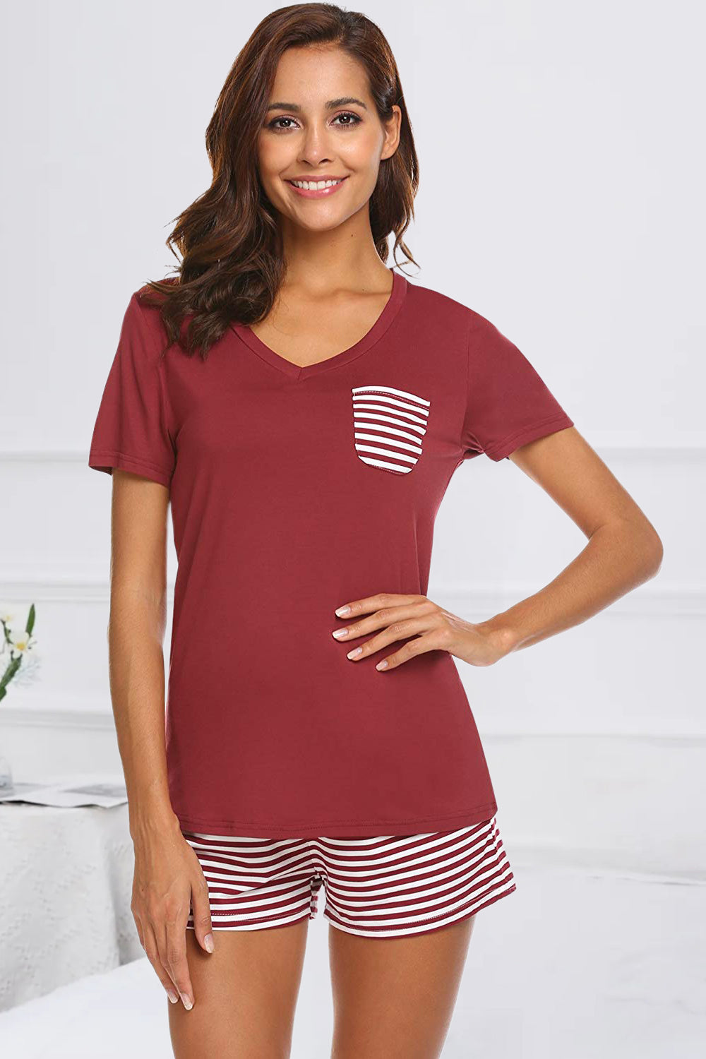 Striped Short Sleeve Top and Shorts Lounge set - 2 PCS. - T - 7 COLORS -