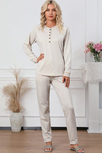 Thumbnail for Half Button Round Neck Top and Drawstring Pants Lounge Set - 2 PCS. - T - 1 COLOR -