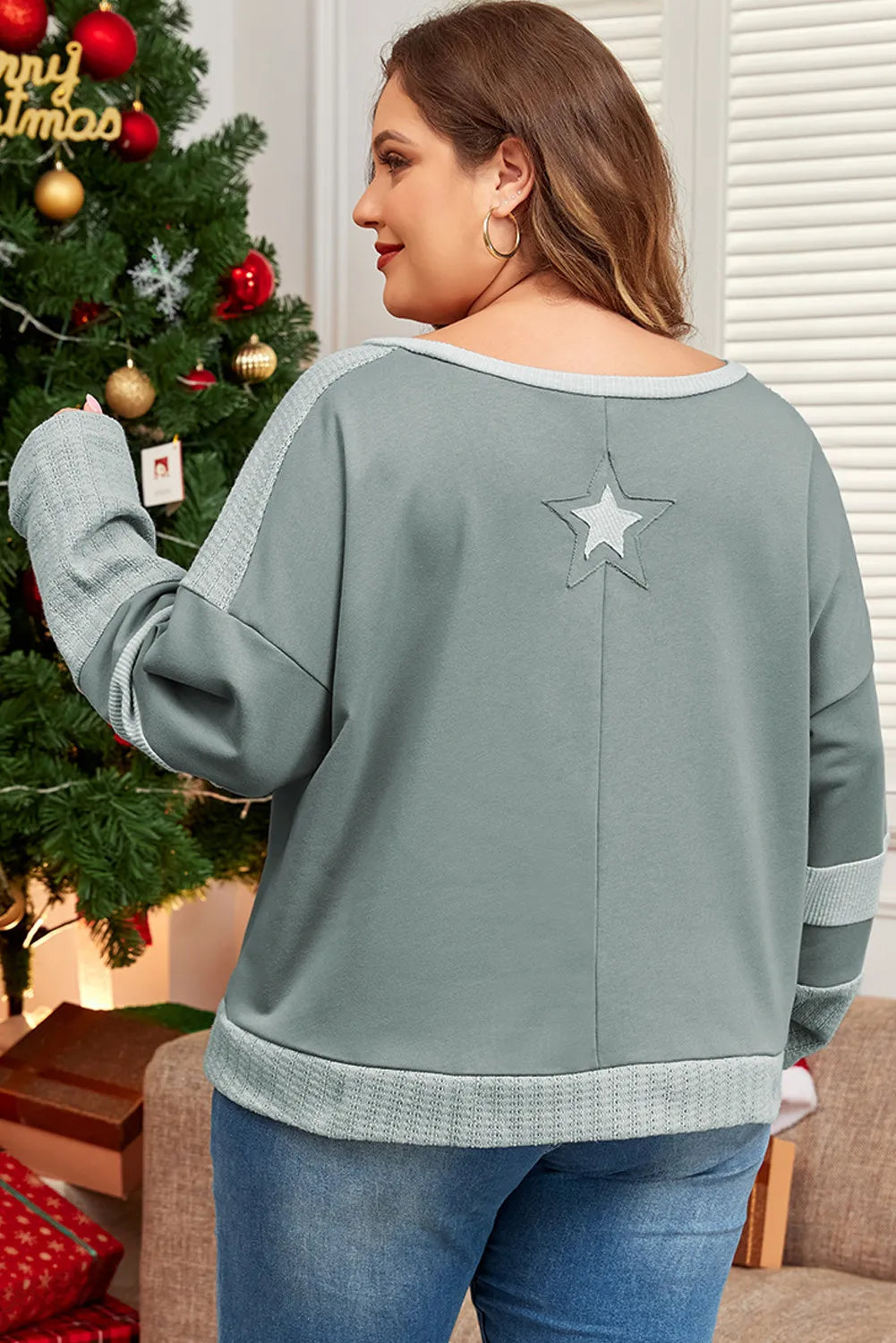 Plus Size Star Round Neck Long Sleeve Top - SIZES 1XL THRU 3XL ONLY - 1 COLOR -