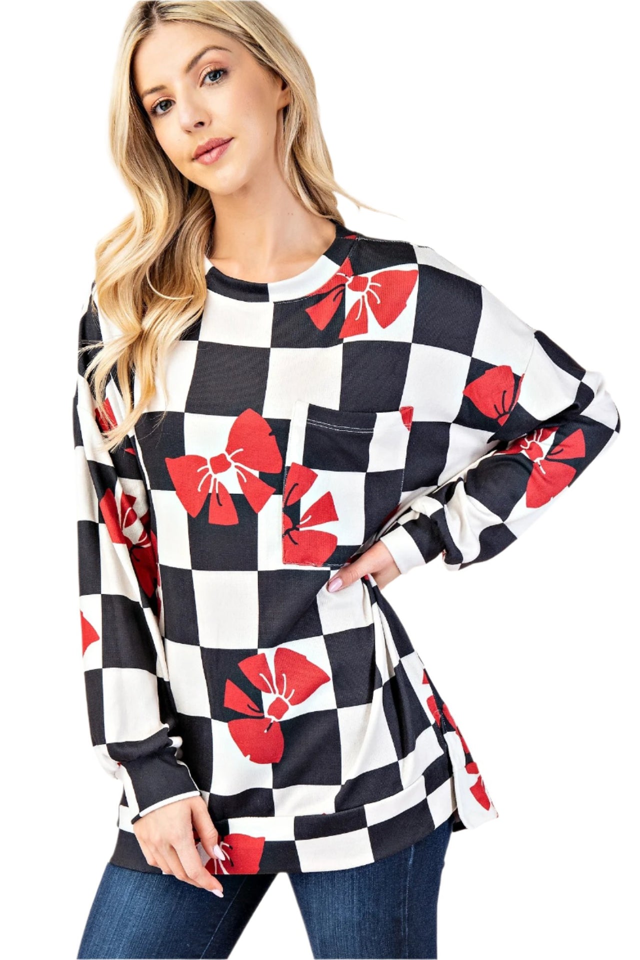 Celeste Checkered Bow Print Round Neck T-Shirt - T - 1 COLOR -