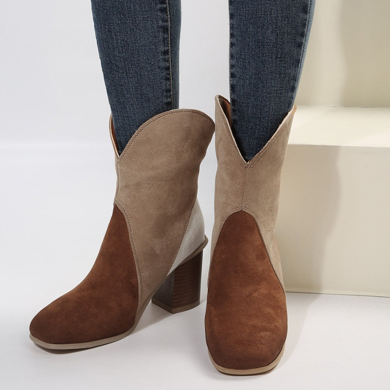 Suede Square Toe Block Heel Boots - T - 4 COLORS -