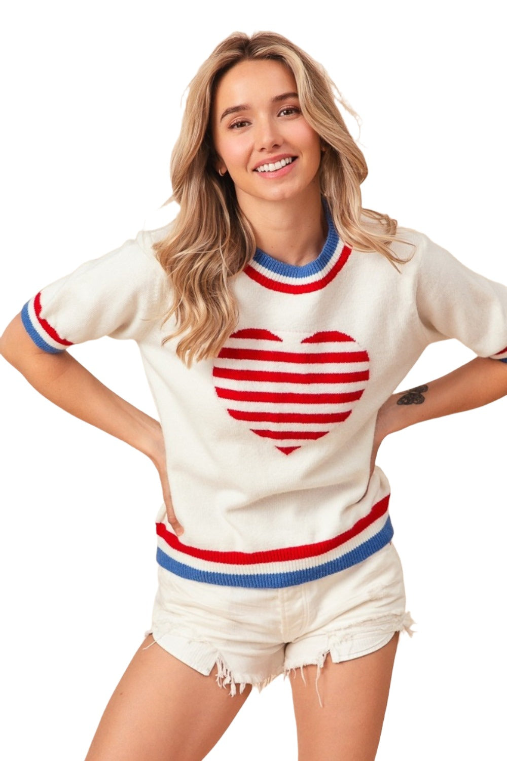 BiBi US Flag Theme Striped Heart Sweater - T - 1 COLOR -