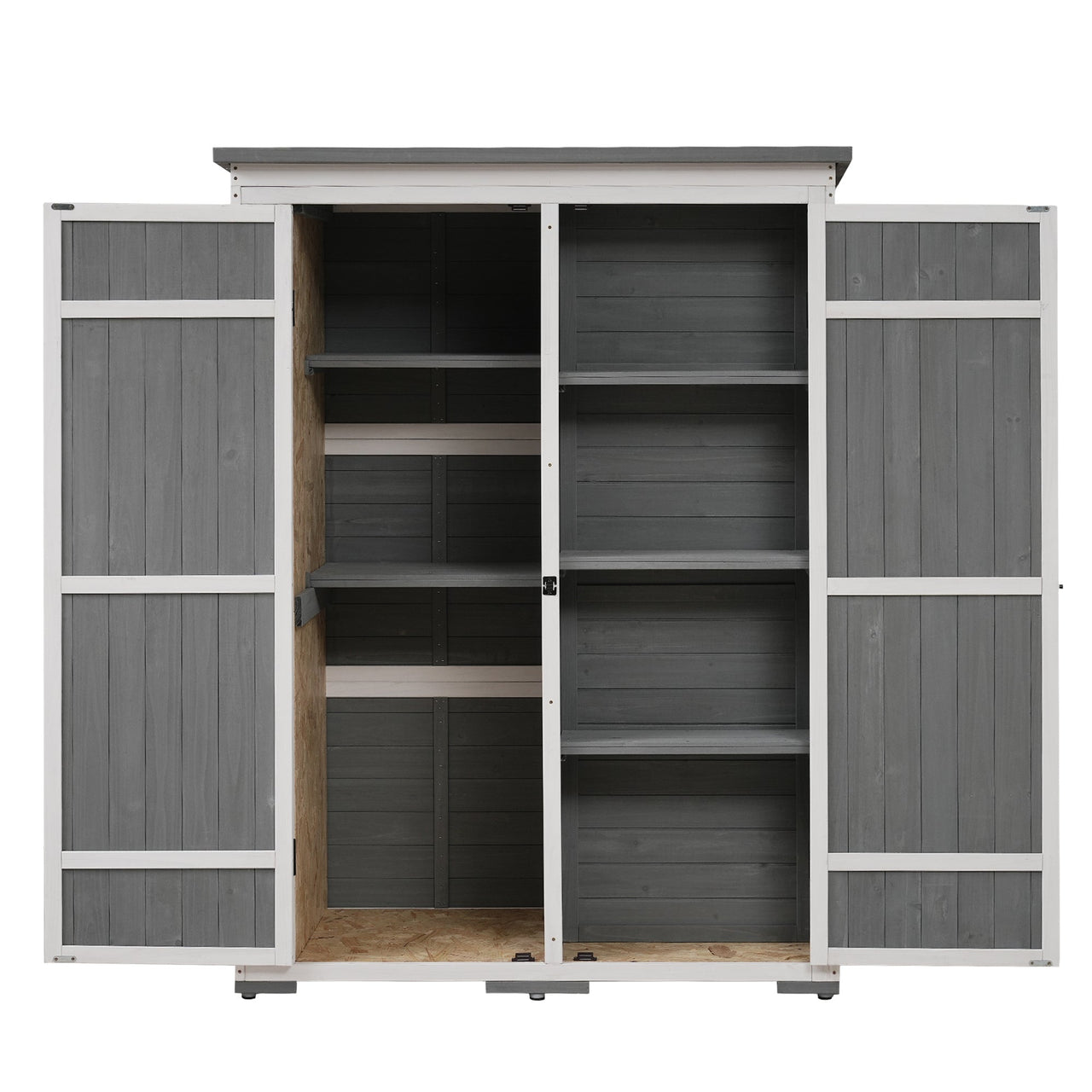 Outdoor 5.5ft Hx4.1ft L Wood Storage Shed, Garden Tool Cabinet With Waterproof Asphalt Roof, Four Lockable Doors, Multip