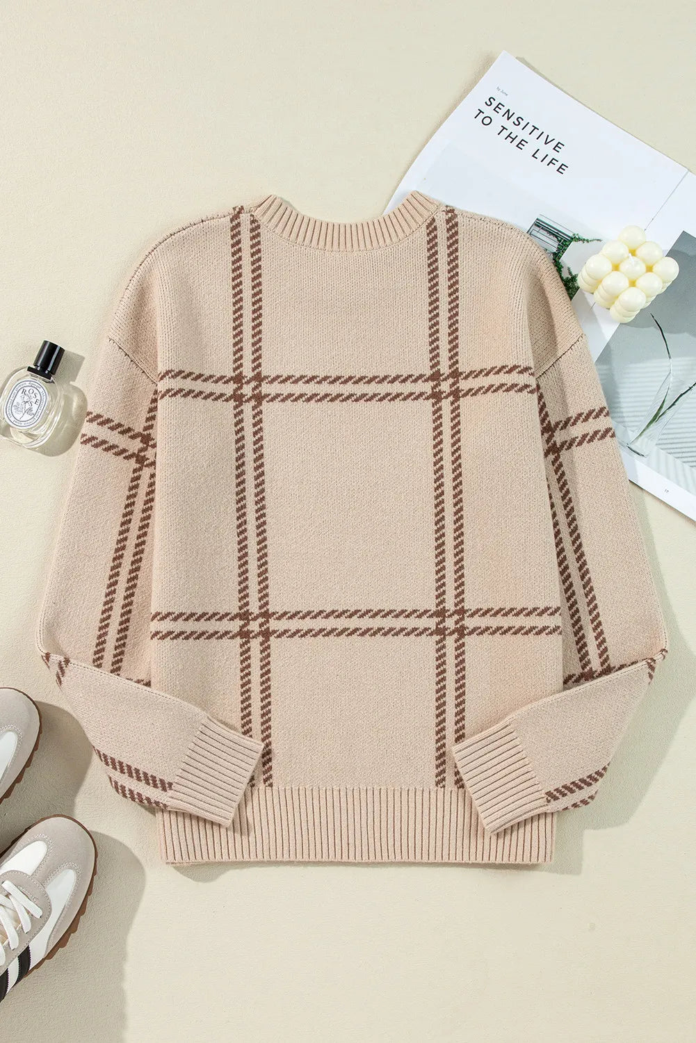 Plaid Round Neck Dropped Shoulder Sweater - T - 1 COLOR -