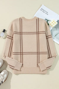 Thumbnail for Plaid Round Neck Dropped Shoulder Sweater - T - 1 COLOR -