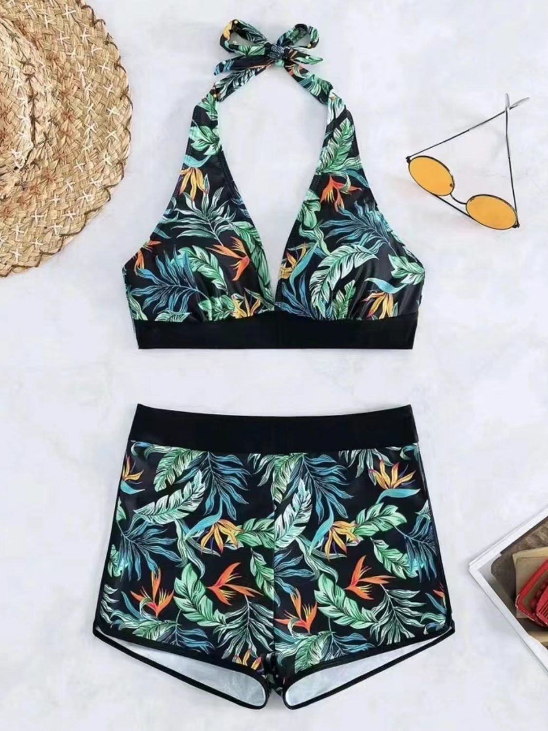 Printed Halter Neck Two-Piece Swim Set - T - 2 PATTERN COLORS/BLACK -