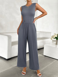 Thumbnail for Round Neck Sleeveless Wide Leg Jumpsuit - T - 4 COLORS -