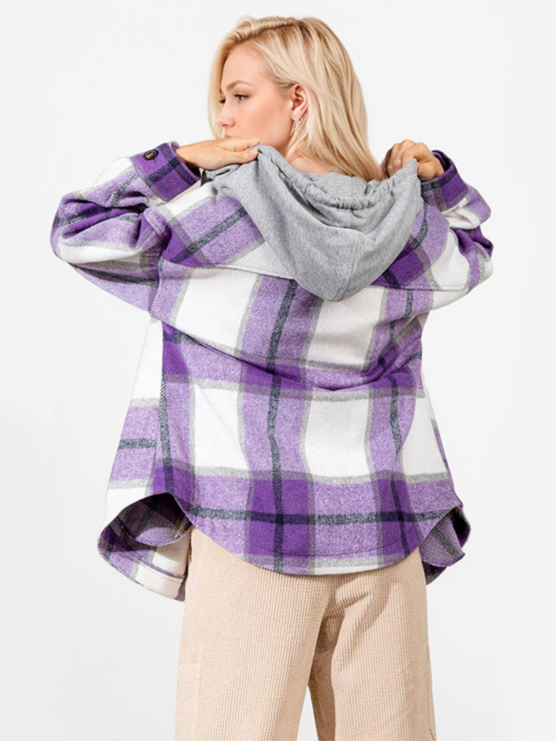 Drawstring Plaid Button Up Long Sleeve Hooded Jacket - T - 2 COLORS -