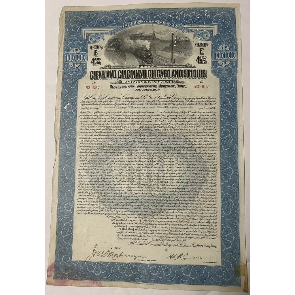 Antique 1927 Cleveland Cincinnati Chicago & St. Louis Railway Co. Bond Certificate