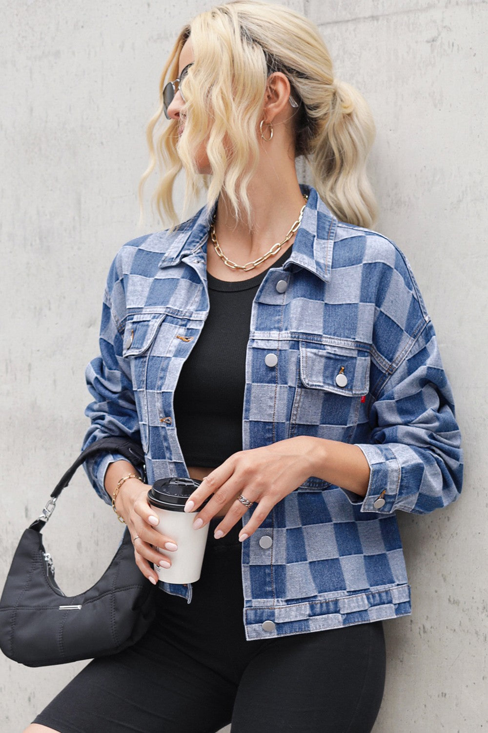 Checkered Button Up Long Sleeve Denim Jacket - T - 1 COLOR -