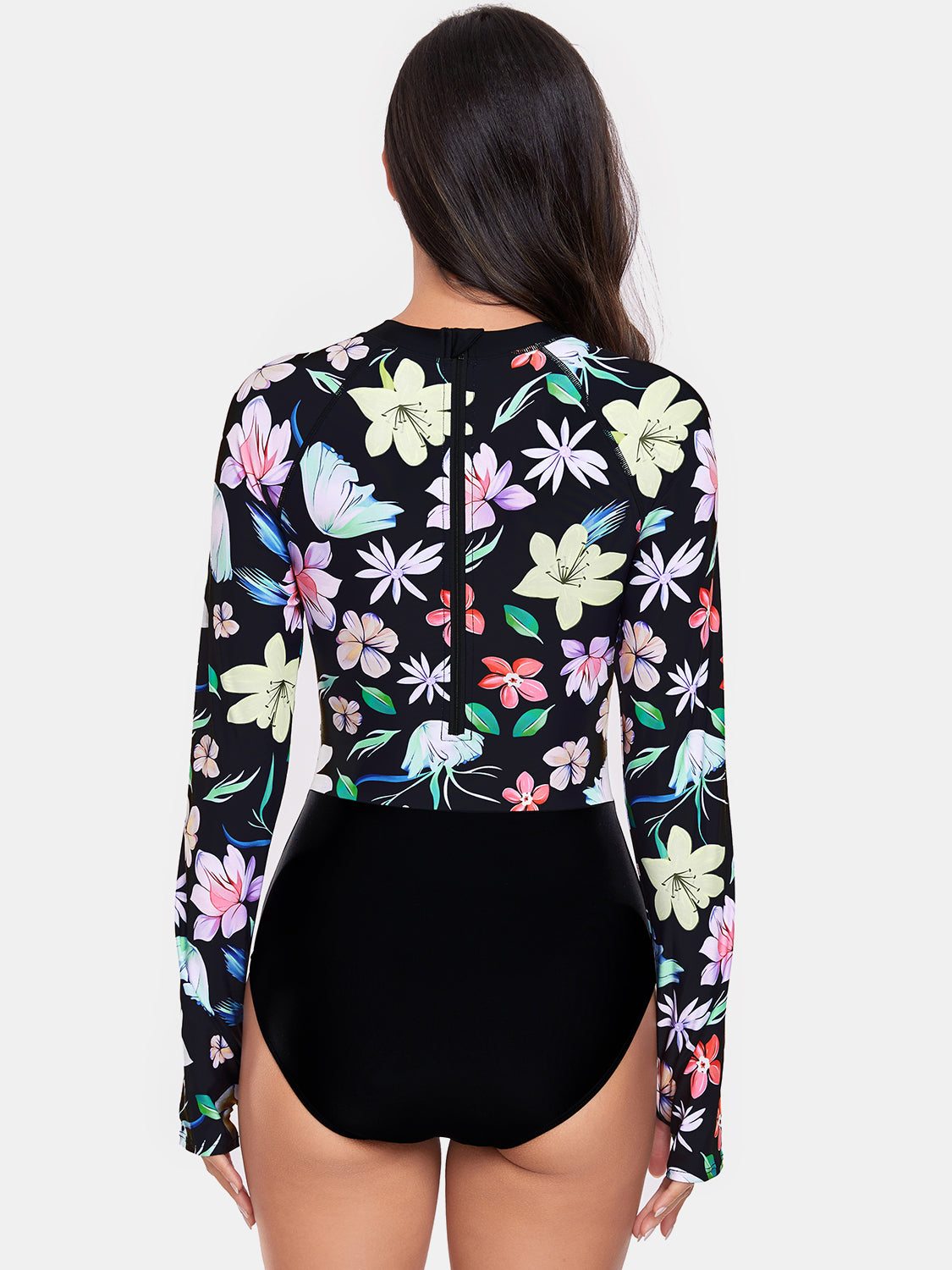 Flower Round Neck Long Sleeve One-Piece Swimwear - T - 1 COLOR -