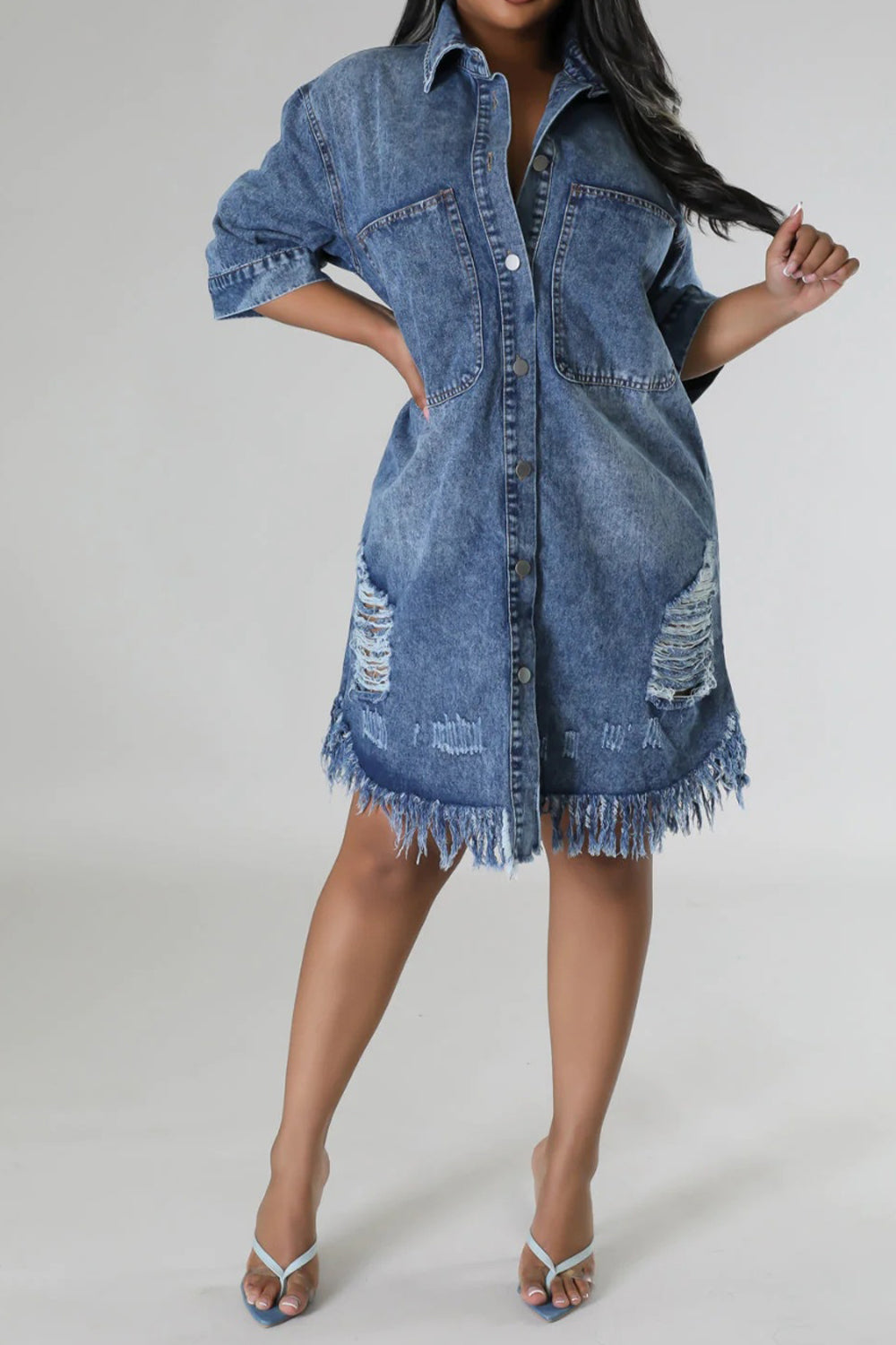 Distressed Raw Hem Button Up Denim Dress - T - LIGHT OR MEDIUM DENIM -