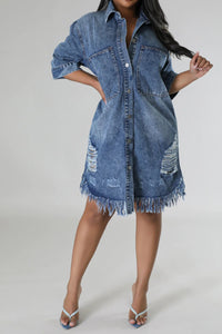 Thumbnail for Distressed Raw Hem Button Up Denim Dress - T - LIGHT OR MEDIUM DENIM -