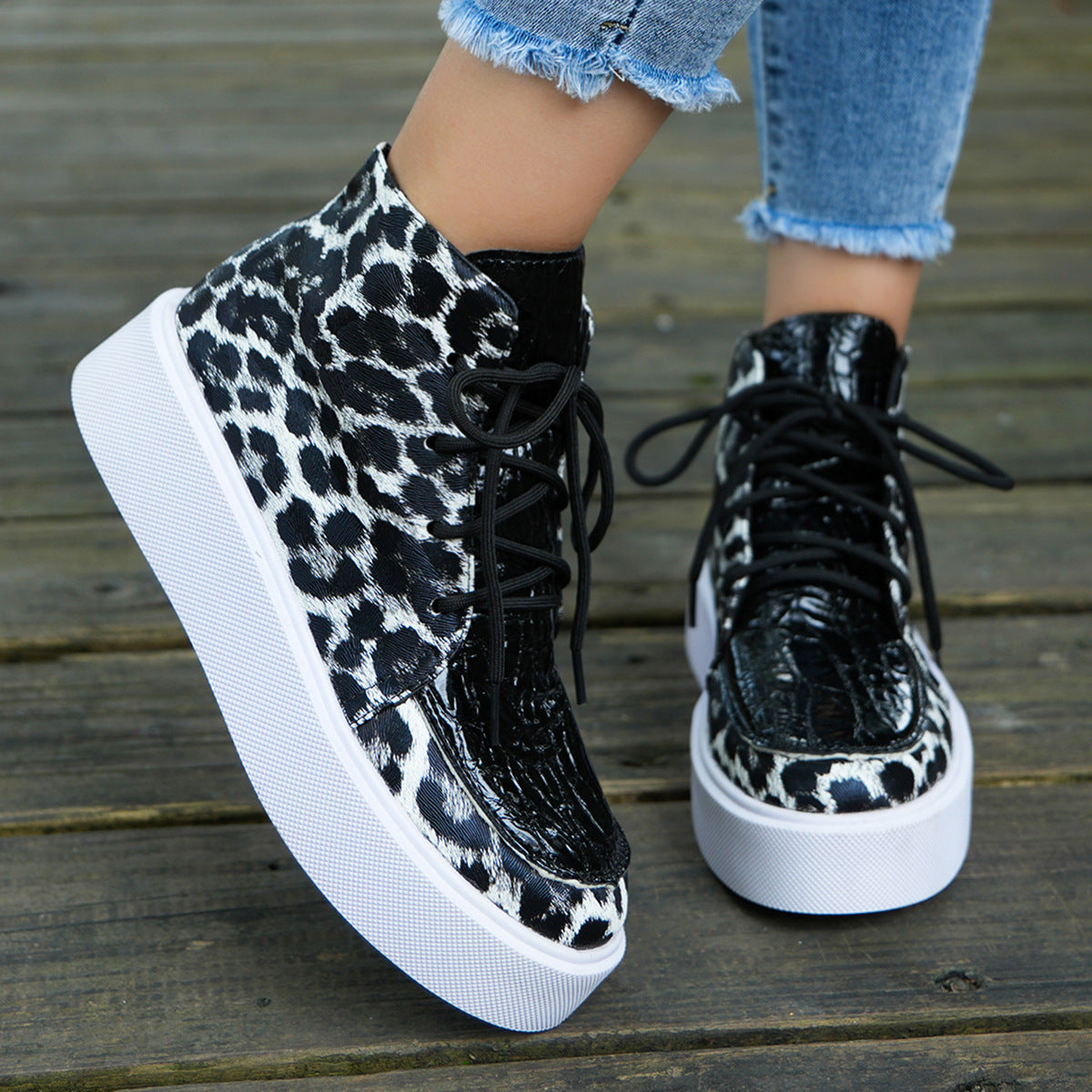 Faux Leather Leopard Platform Sneakers - T - 2 COLORS -