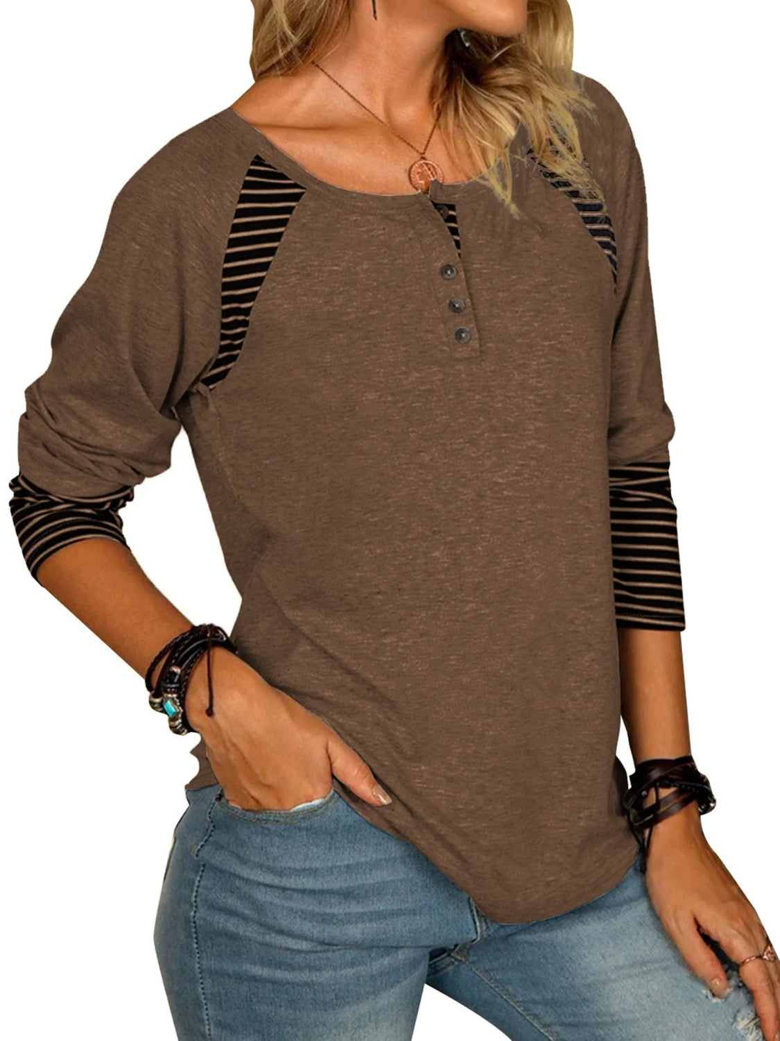 Full Size Striped Quarter Button Long Sleeve T-Shirt - T - 6 COLORS -