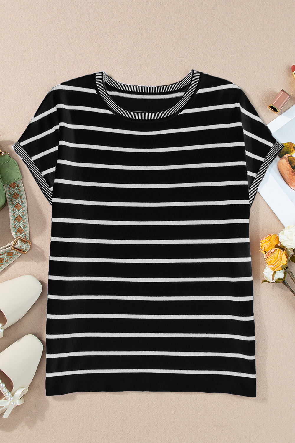 Striped Round Neck Cap Sleeve Knit Top - T - 1 COLOR -