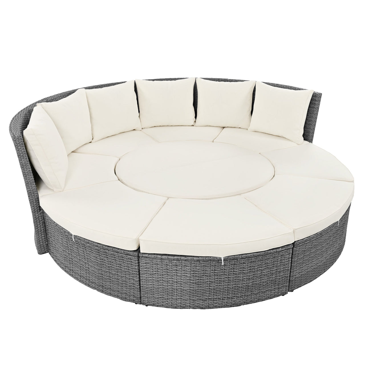 Patio 5-Piece Round Rattan Sectional Sofa Set All-Weather PE Wicker Sunbed Daybed With Round Liftable Table and Washable