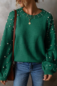 Thumbnail for Pearl Detail Round Neck Long Sleeve Sweater - T - 4 COLORS -