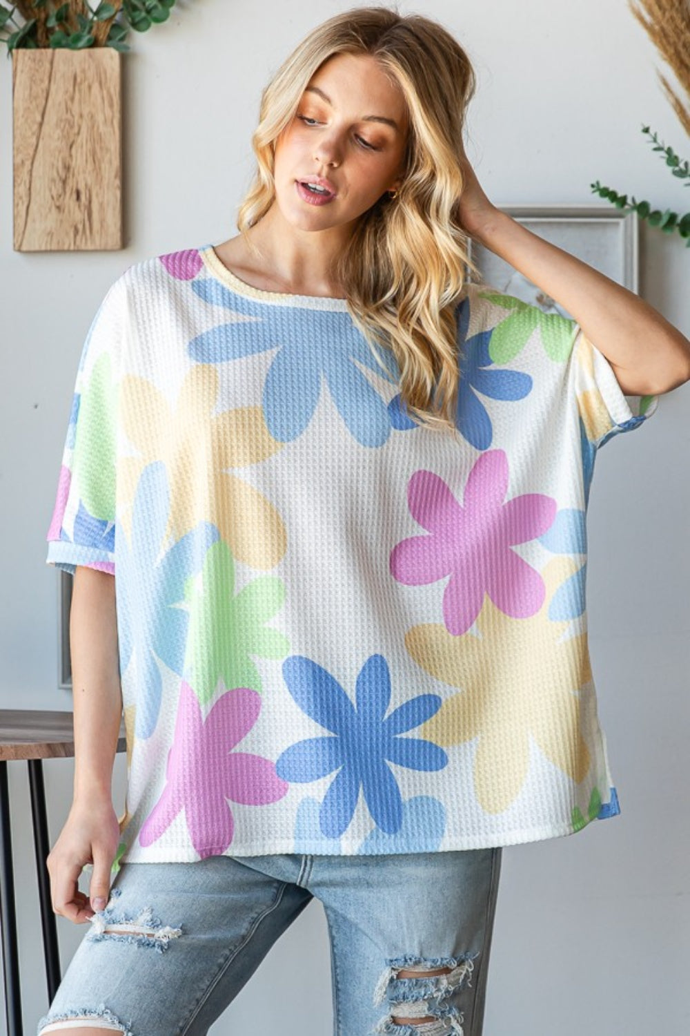 HOPELY Floral Round Neck Waffle T-Shirt - T - 1 COLOR -