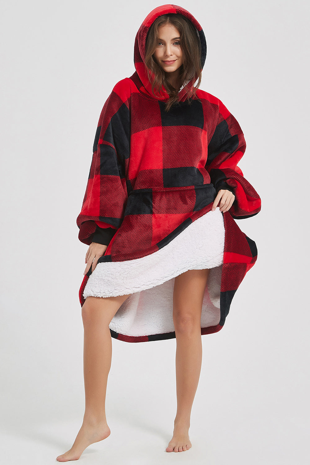 Plaid Hooded Oversize Fuzzy Lounge Dress - 1 LARGE OVERSIZE - T - 1 COLOR -