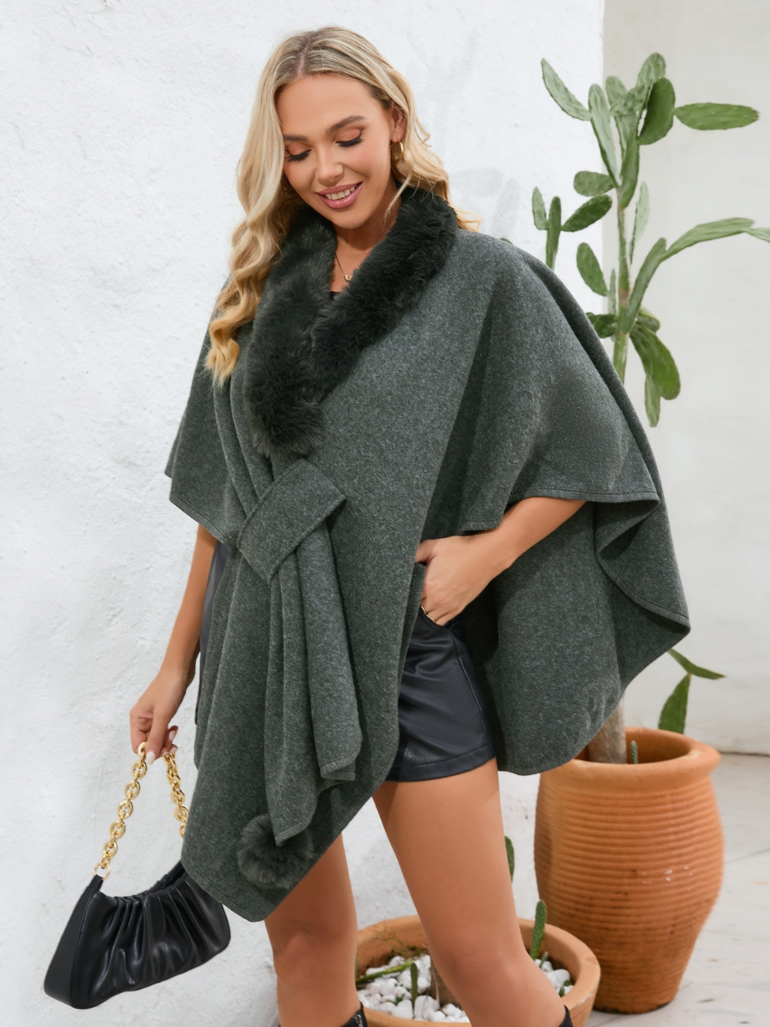 Fuzzy Trim Open Front Poncho - ONE SIZE - T - 6 COLORS -