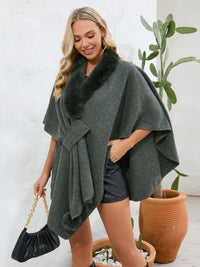 Thumbnail for Fuzzy Trim Open Front Poncho - ONE SIZE - T - 6 COLORS -