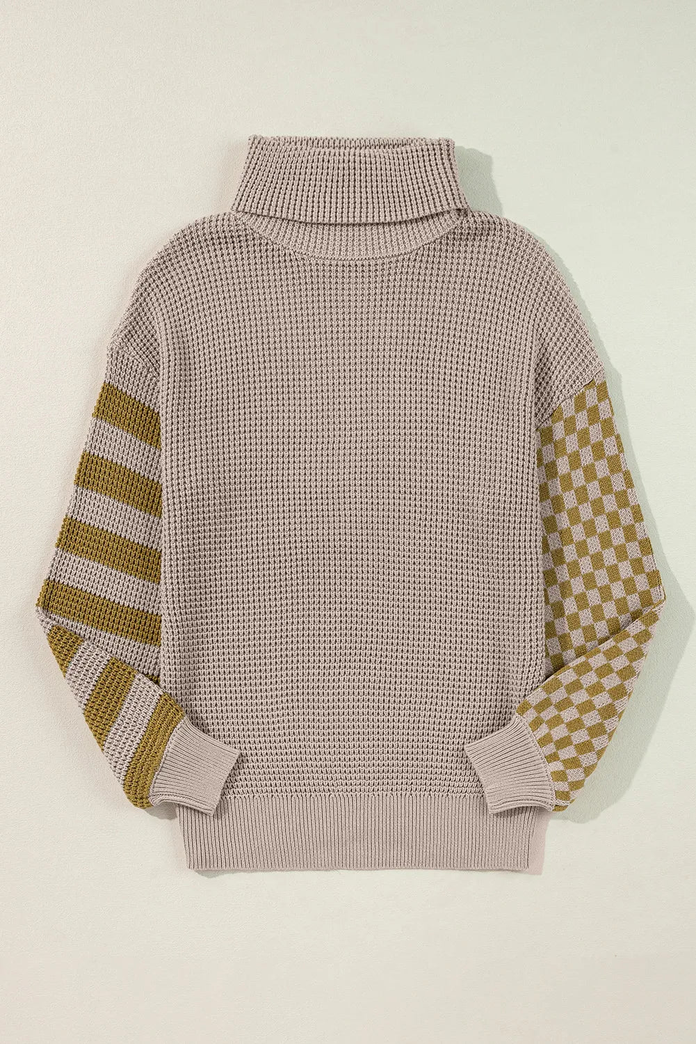 Checkered Striped Turtleneck Long Sleeve Sweater - T - 2 COLORS -