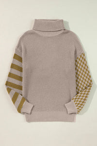 Thumbnail for Checkered Striped Turtleneck Long Sleeve Sweater - T - 2 COLORS -