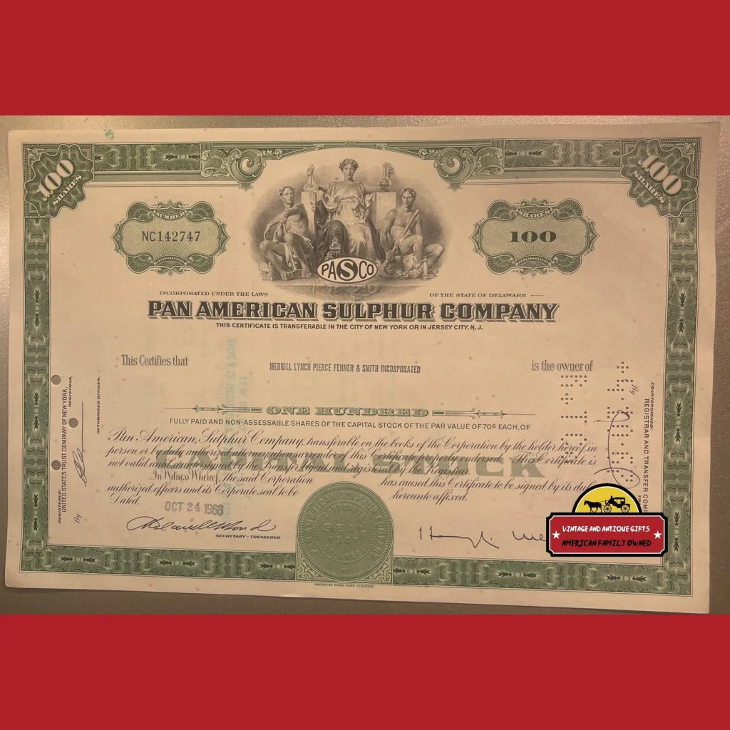 Vintage Pan American Sulphur Co. Stock Certificate Delaware 1960s Green