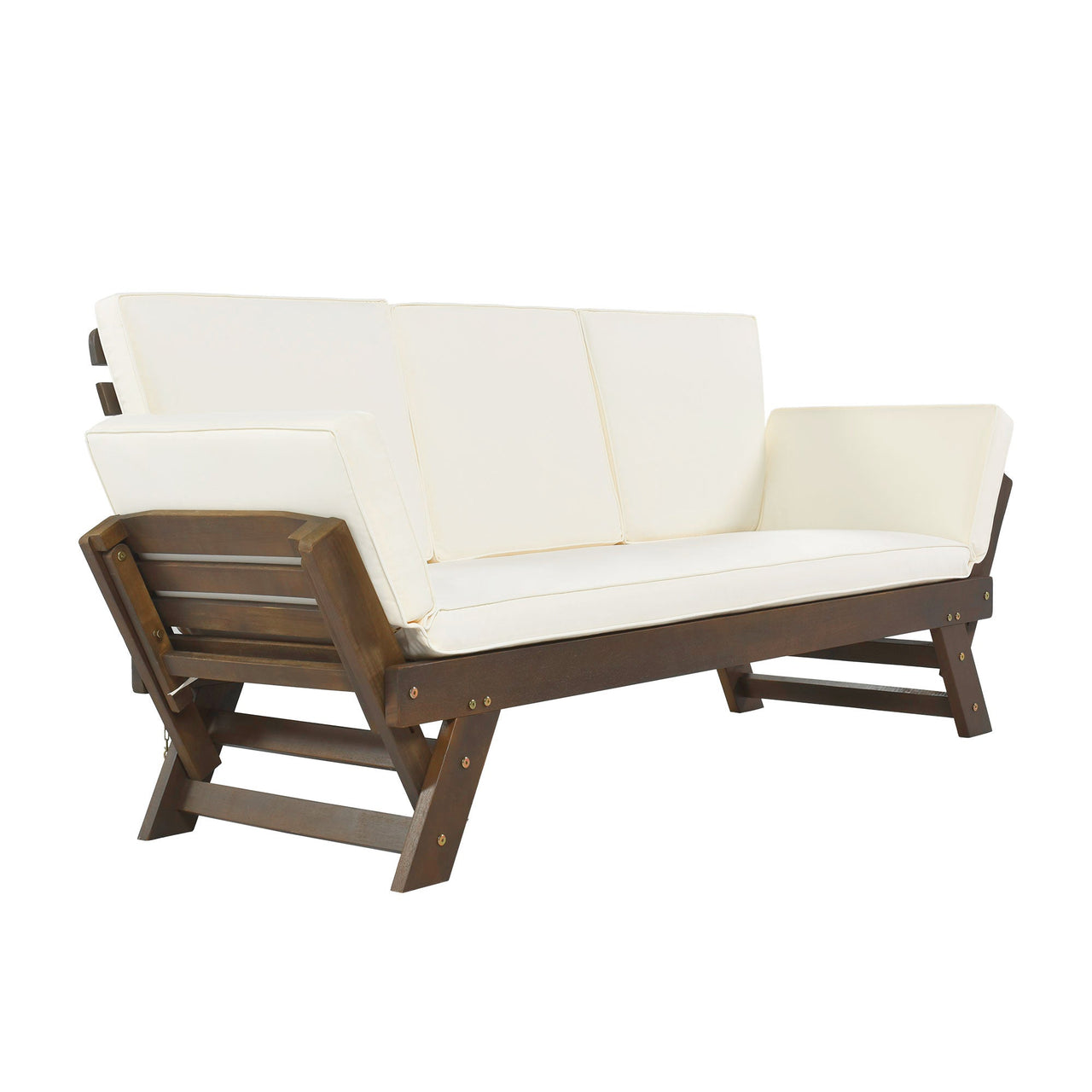 Outdoor Adjustable Patio Wooden Daybed Sofa Chaise Lounge With Cushions for Small Places, Brown Finish+Beige Cushion