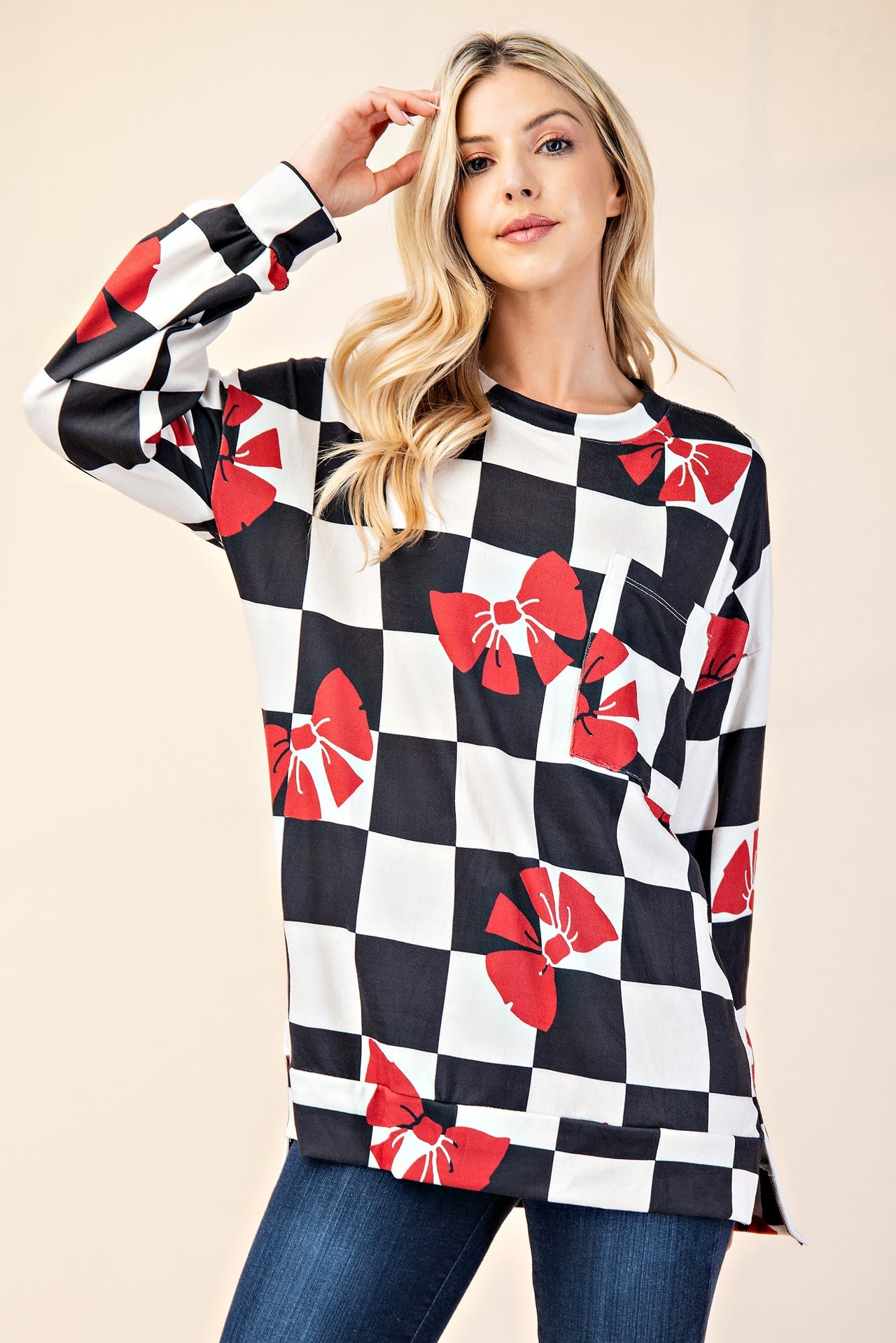 Celeste Checkered Bow Print Round Neck T-Shirt - T - 1 COLOR -