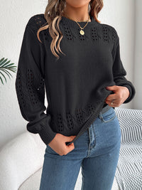 Thumbnail for Openwork Round Neck Long Sleeve Sweater - T - 3 COLORS -