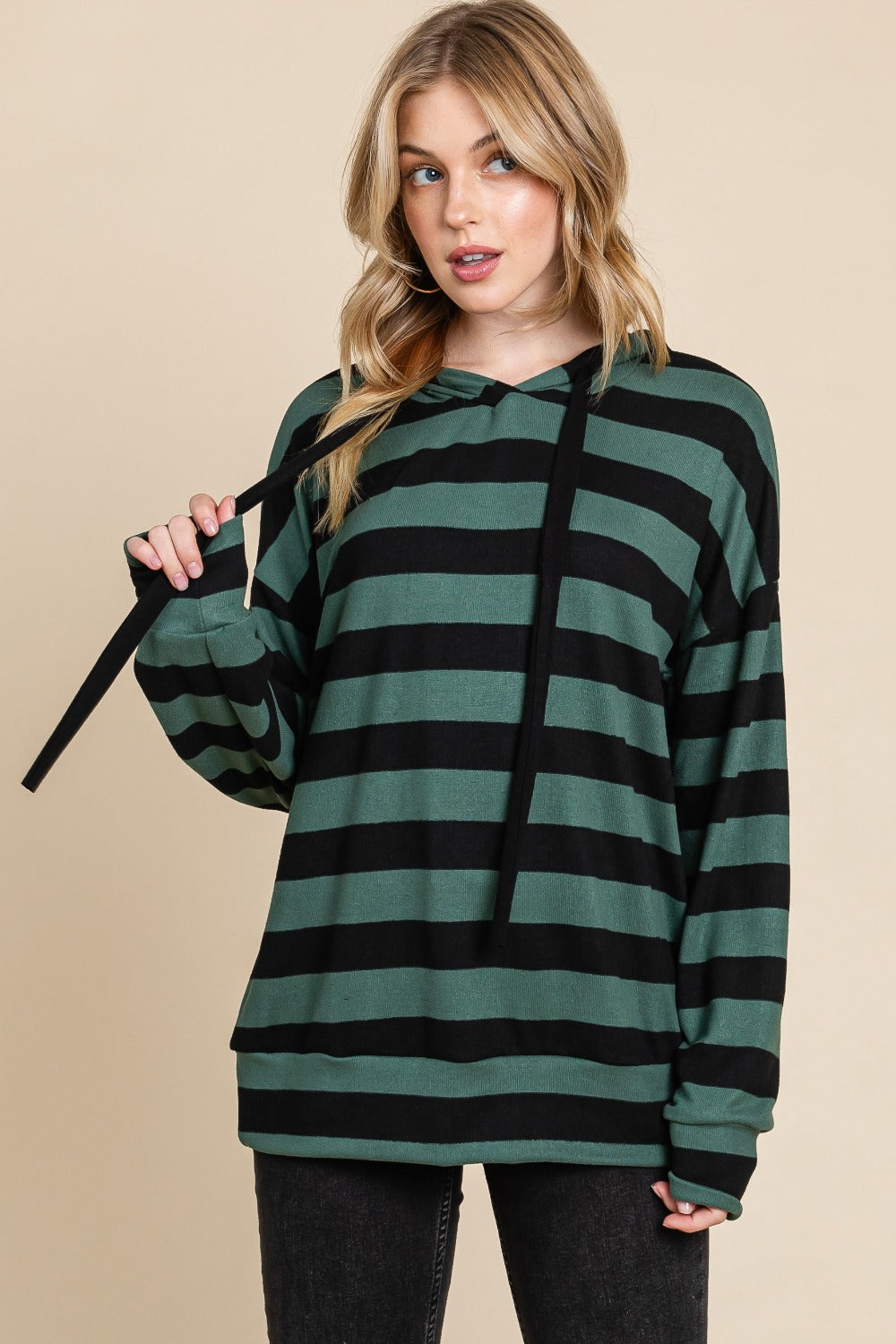 BOMBOM Drawstring Striped Dropped Shoulder Hoodie - T - 1 COLOR -