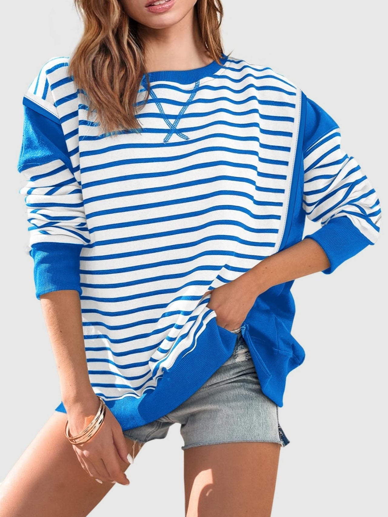 Slit Exposed Seam Striped Long Sleeve Sweatshirt - T - 8 COLORS -