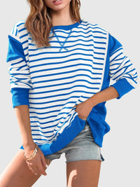 Thumbnail for Slit Exposed Seam Striped Long Sleeve Sweatshirt - T - 8 COLORS -