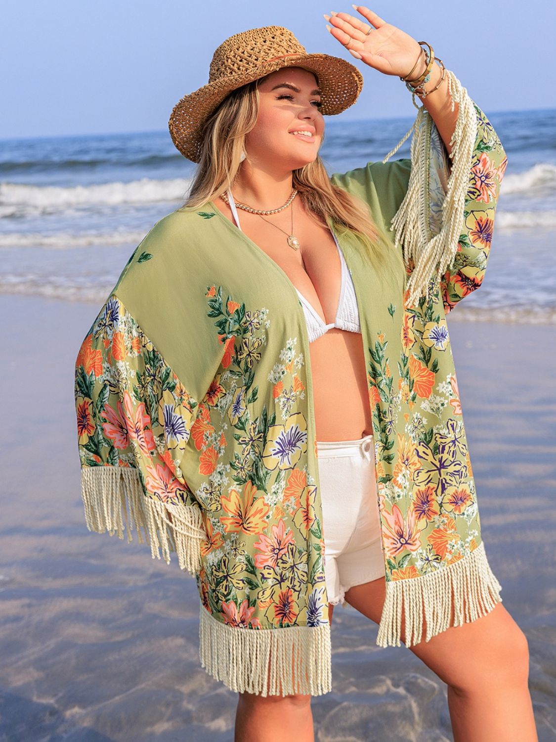 Plus Size Fringe Open Front Cover-Up - XL THRU 4XL - T - 1 COLOR -