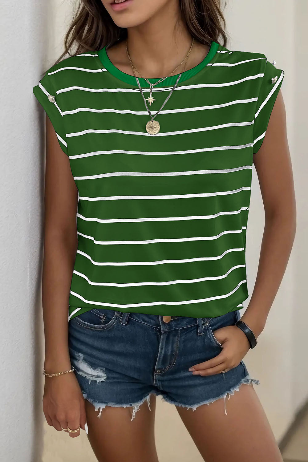 Decorative Button Round Neck T-Shirt - T - 1 COLOR -