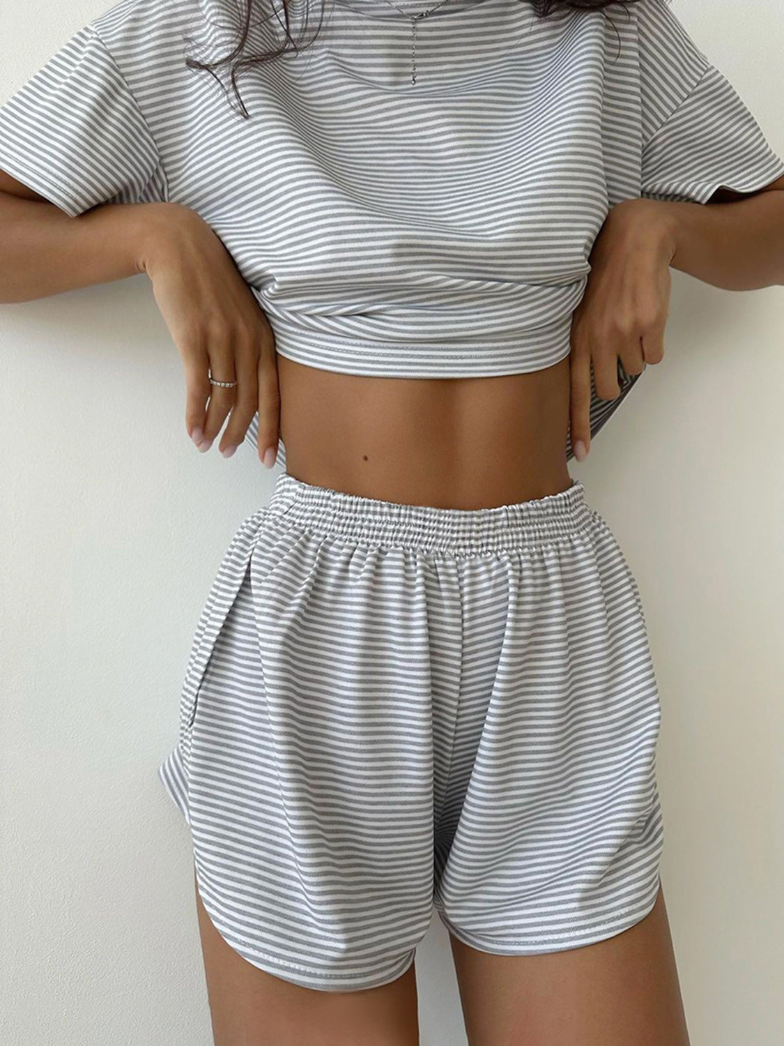 Striped Round Neck Top and Shorts Set - 2 PCS. - T - 3 COLORS -