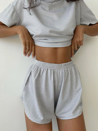 Thumbnail for Striped Round Neck Top and Shorts Set - 2 PCS. - T - 3 COLORS -