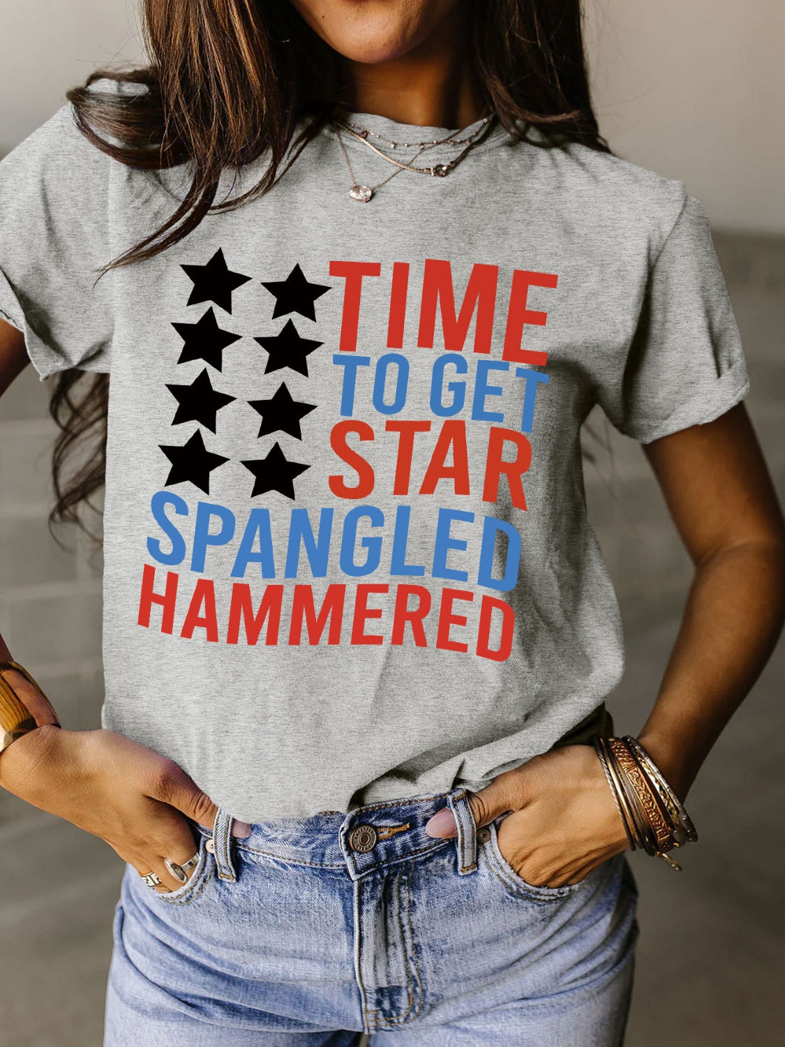 Full Size - 'Time to get Star Spangle Hammered' Letter Graphic Round Neck Short Sleeve T-Shirt - T - 12 COLORS -