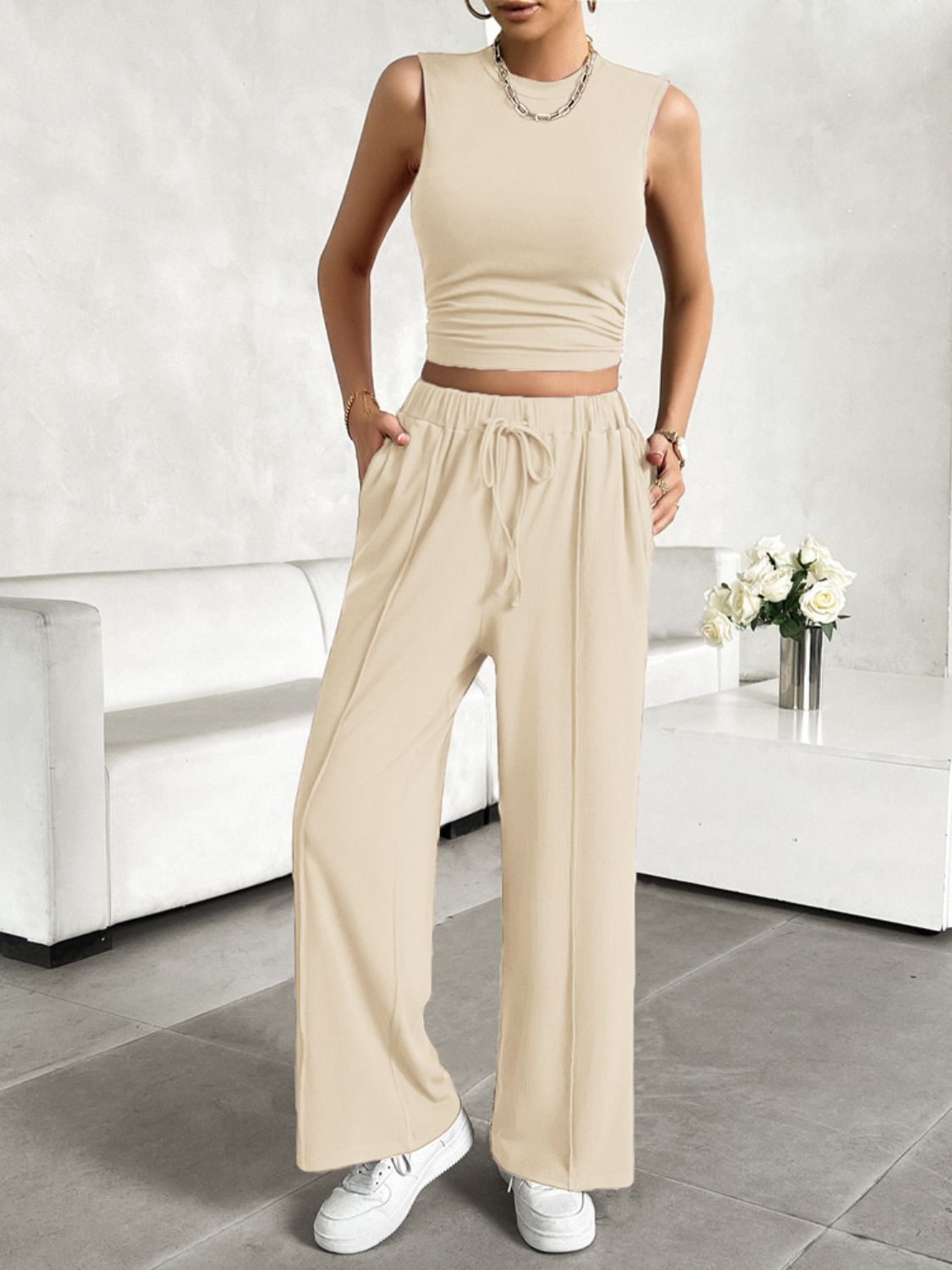 Mock Neck Sleeveless Top and Drawstring Pants Set - 2 PCS. - T - 5 COLORS -