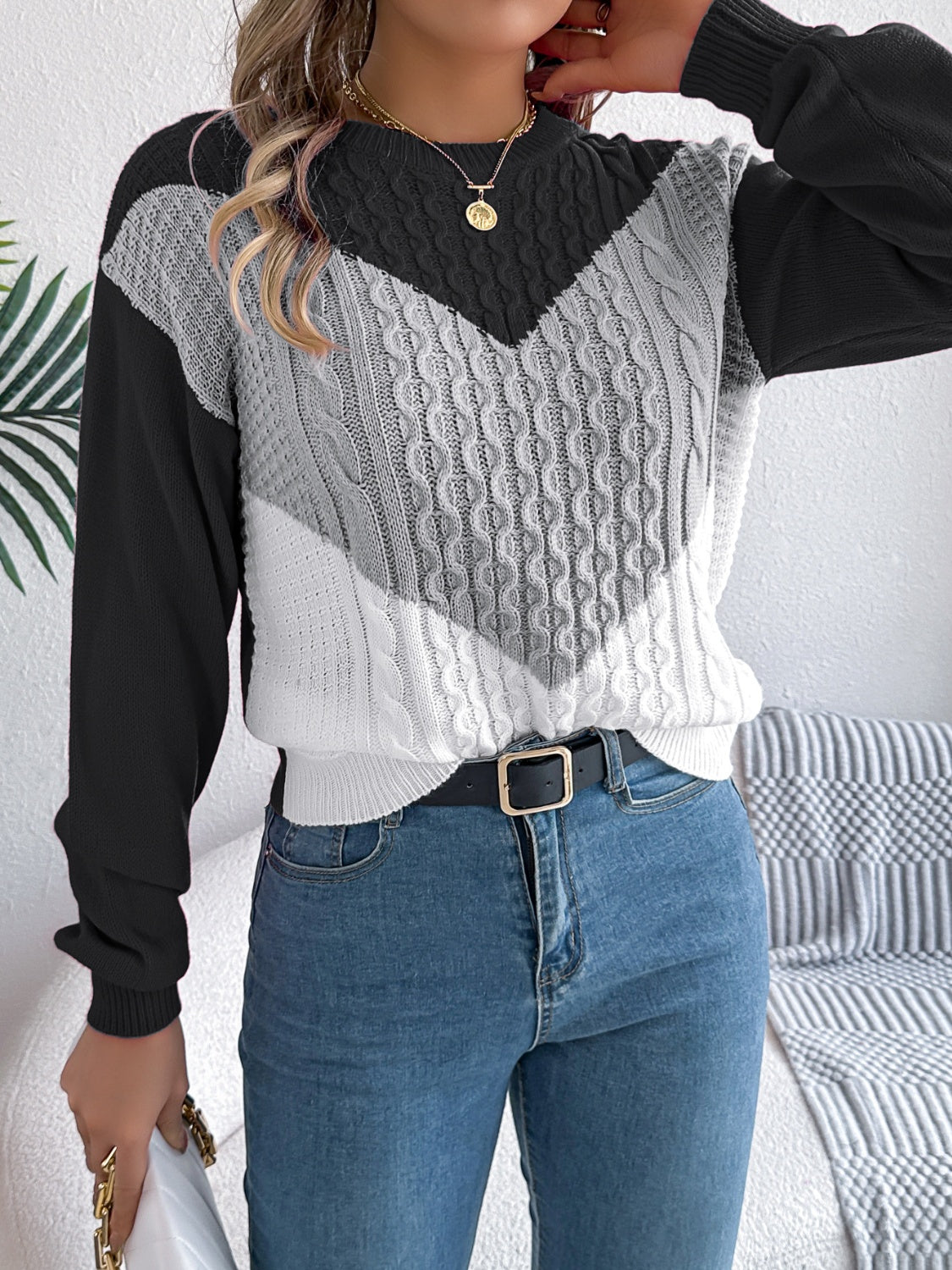 Contrast Round Neck Long Sleeve Sweater - T - 3 COLORS -