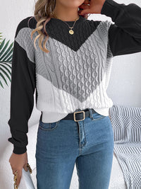 Thumbnail for Contrast Round Neck Long Sleeve Sweater - T - 3 COLORS -