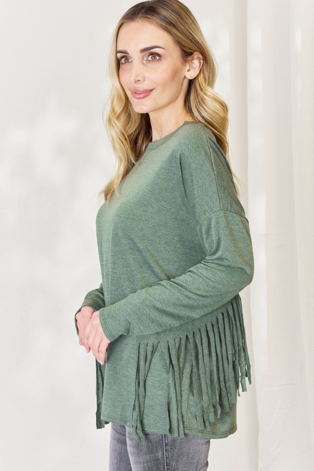 Celeste Full Size Fringe Detail Long Sleeve Top - SIZES S THRU 3XL - T - 1 COLOR -