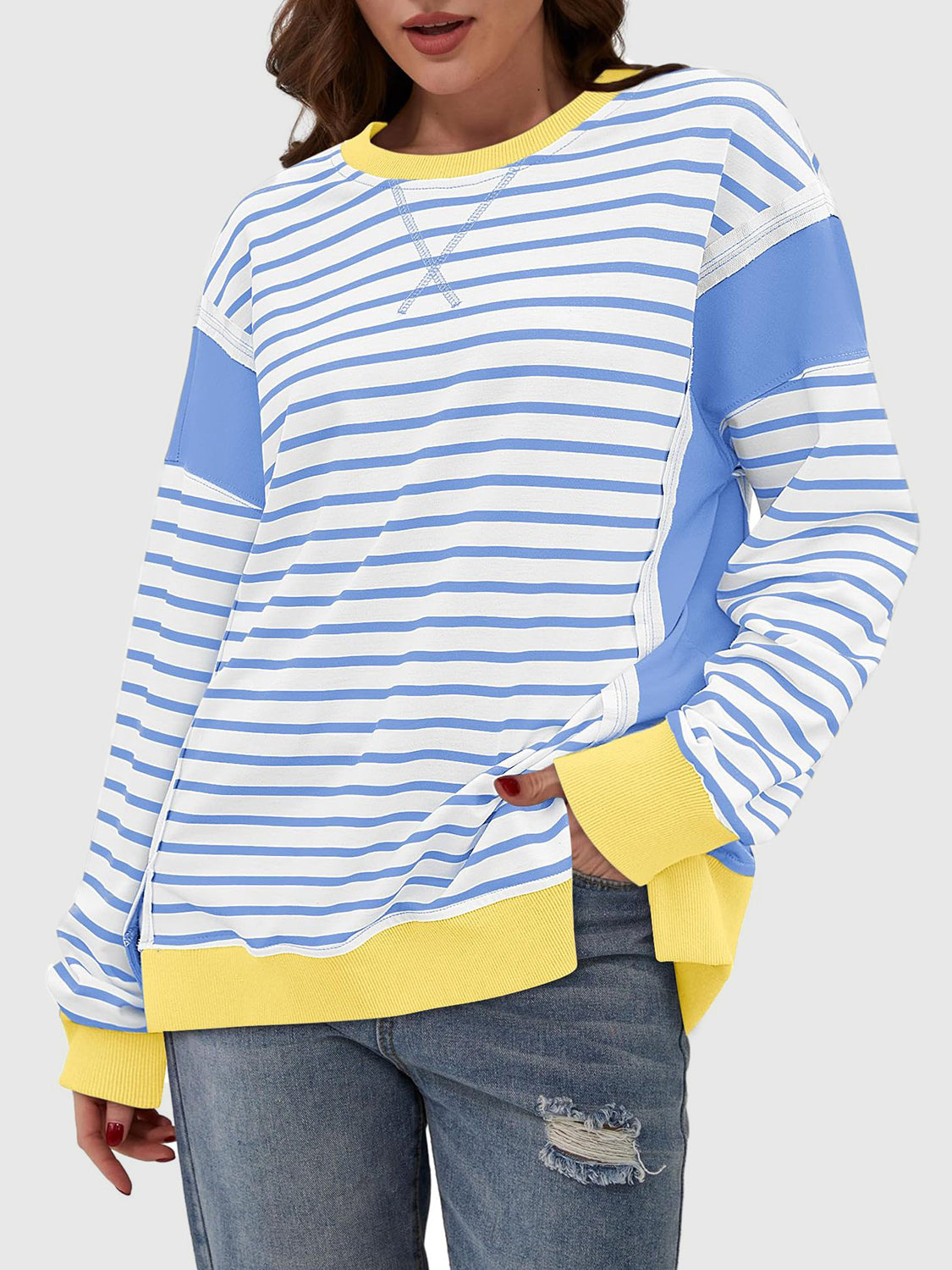 Slit Exposed Seam Striped Long Sleeve Sweatshirt - T - 8 COLORS -