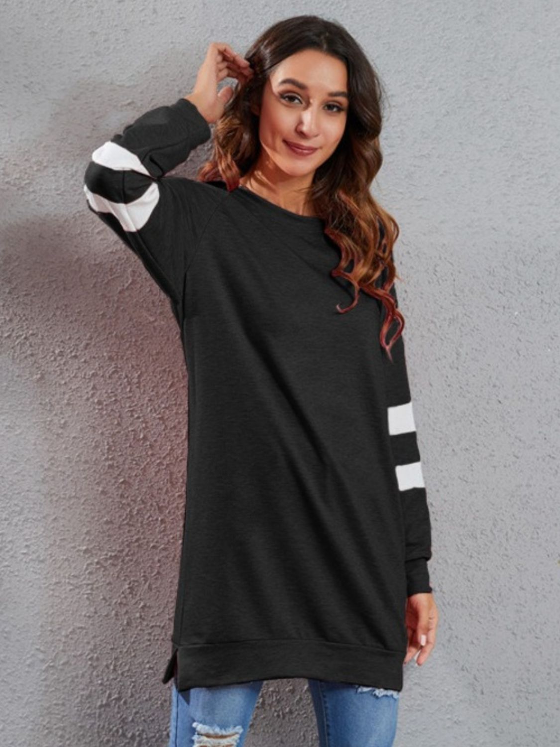 Full Size Striped Round Neck Long Sleeve T-Shirt - T - 1 COLOR -